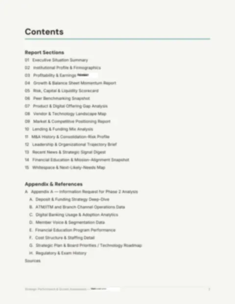 Contents page listing fifteen report sections and an appendix